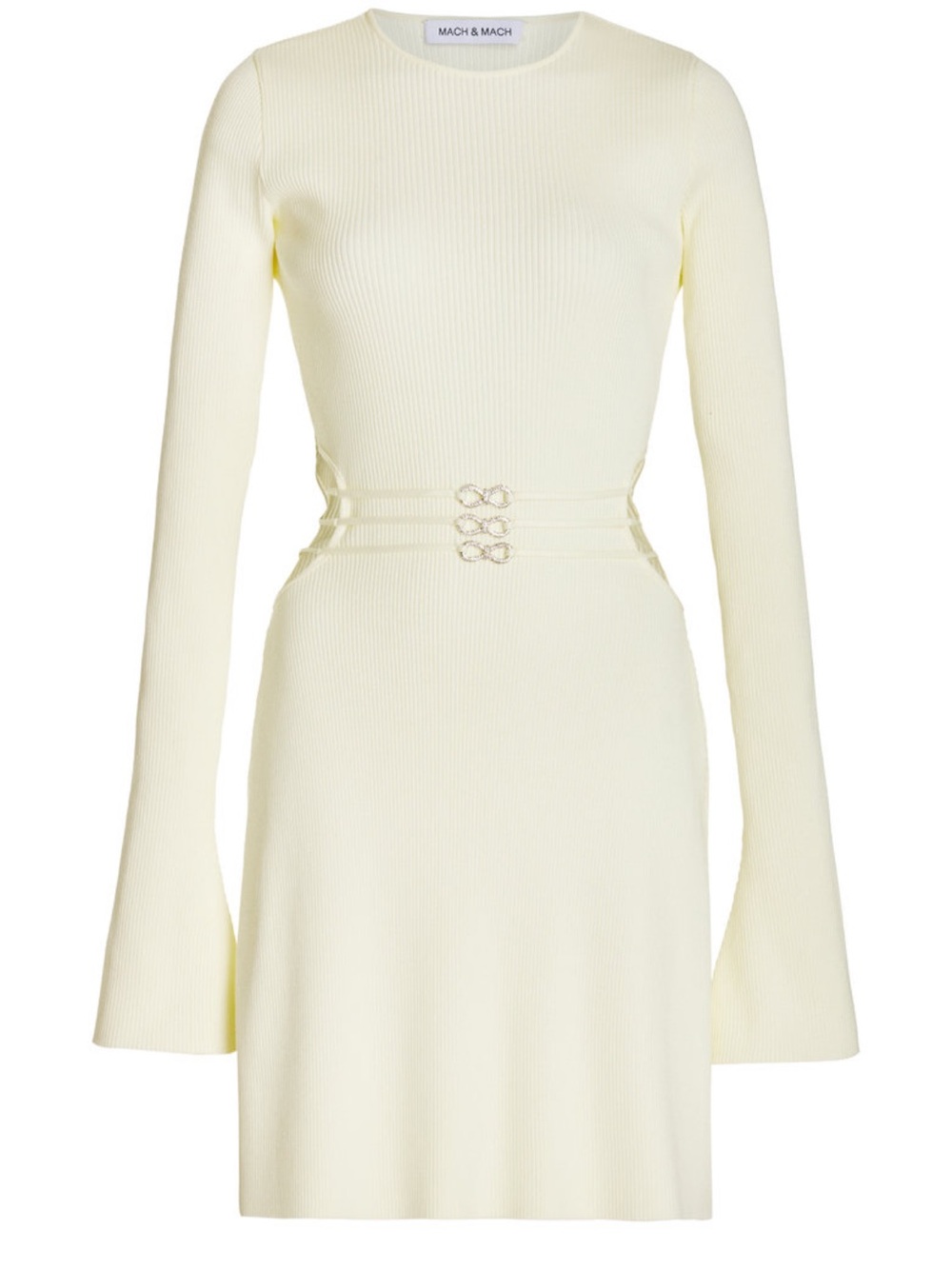 MACH & MACH Pale Cream Ribbed Long-Sleeve Mini Dress with Buckle Detail